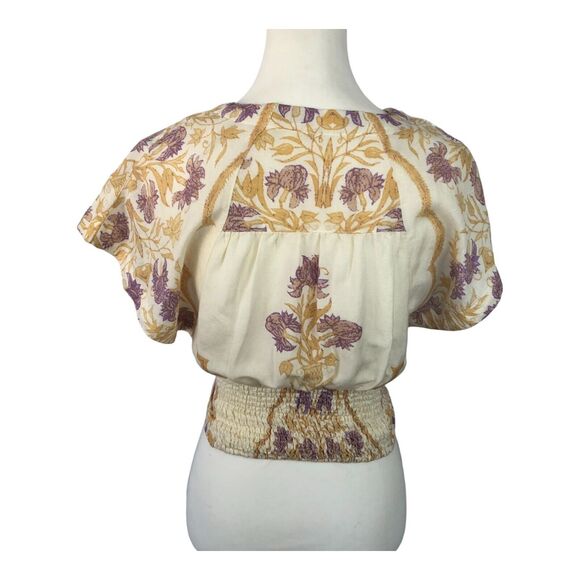 Free People Arielle Linen Blend Short Sleeve Ivory Purple Crop Top Bow Tie XS - Picture 10 of 16